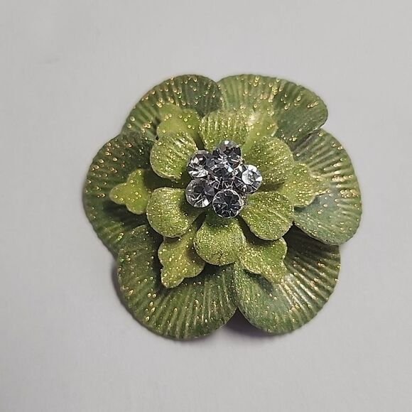 Vintage Flower Scarf Clip Green Glitter Date Night Church Rhinestone Center - Picture 1 of 4